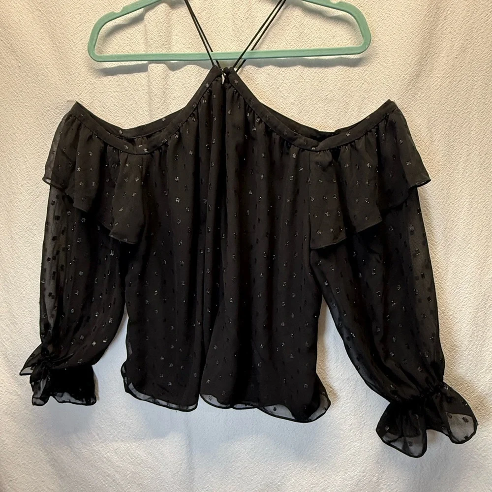 Steam Punk STATE Black Glittery Halter Off-Shoulder Blouse |Poet Sleeves | Moody - Picture 5 of 9
